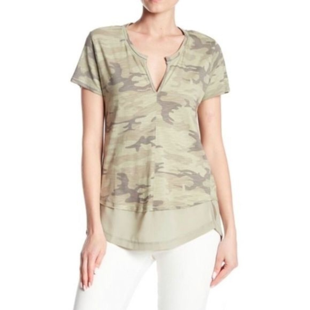 Anthropologie Sanctuary‎ V-neck Camo T-shirt Sheer Hem